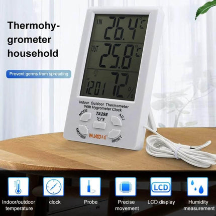 Digital LCD Hygrometer and Thermometer With Extra Sensor Cable white 4.3-inch LCD showing indoor/outdoor temp humidity with probe cable