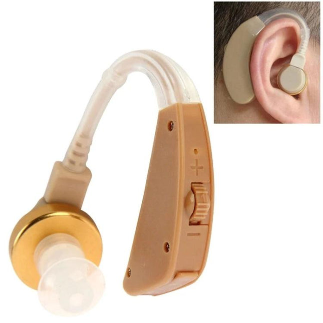 Compact Mini Hearing Aid with Adjustable Volume for Daily Use - beige over-ear sound amplifier with volume control for conversations and TV