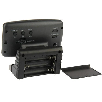 Compact Car Compass for Everyday Driving Essentials - rear view showing battery compartment, buttons for time, calendar, calibration and reset