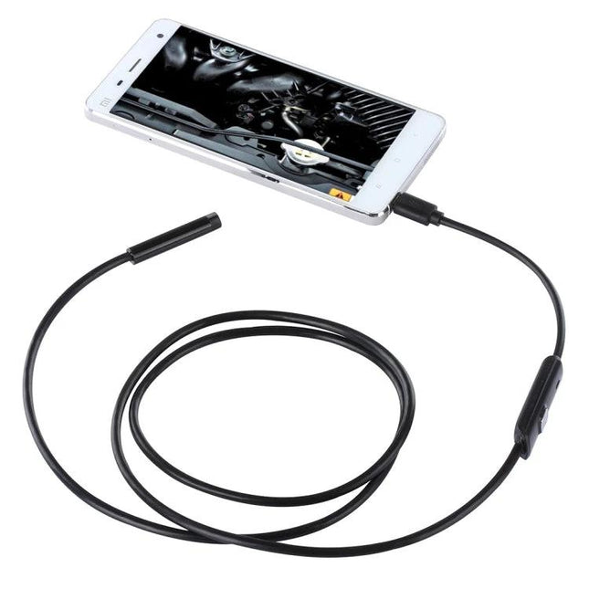 Waterproof Endoscope Camera for Android Device Inspections showing borescope cable connected to smartphone displaying engine inspection