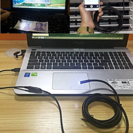 Waterproof Endoscope Camera for Android Device Inspections showing camera connected to laptop and smartphone for close-up plumbing and surface inspection