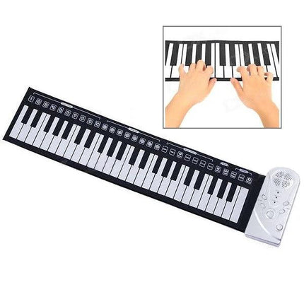 Flexible Roll-Up Piano for Everyday Music Practice and Travel unrolled on table with hands playing keys and compact speaker module