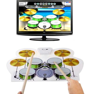 Soft Roll-up MIDI Drum Kit for Everyday Music Practice - foldable USB electronic practice pad shown rolled out with sticks and on-screen virtual drums