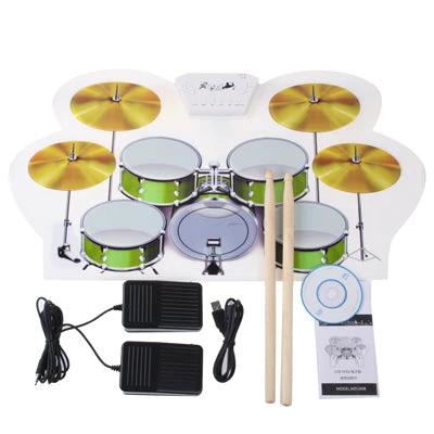 Soft Roll-up MIDI Drum Kit for Everyday Music Practice - foldable USB electronic practice kit with cymbals, pads, pedals and drumsticks