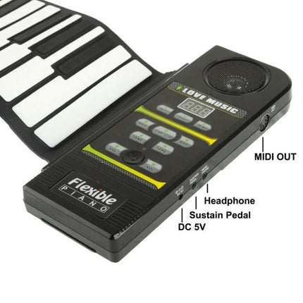 Roll-Up Piano for Everyday Music Practice on the Go — portable flexible keyboard with controls, speaker, headphone jack and MIDI out for commuters and students