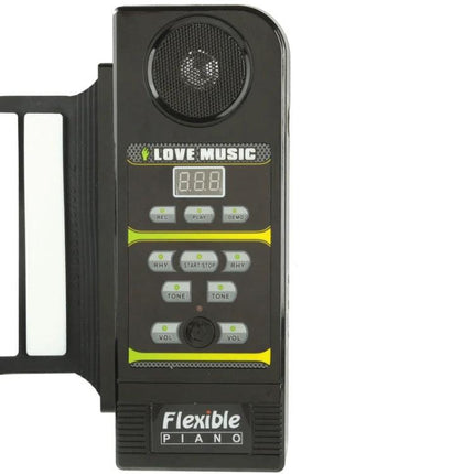 Roll-Up Piano for Everyday Music Practice on the Go – close-up of flexible keyboard control panel with speaker, buttons and LED display