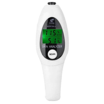 Compact Mini Portable LCD Skin Moisture and Oil Tester for Daily Skincare handheld skin analyzer with scan button and green LCD showing water and oil %