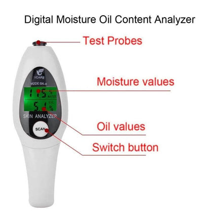 Compact Mini Portable LCD Skin Moisture and Oil Tester for Daily Skincare handheld device showing LCD moisture and oil values with test probes and scan button