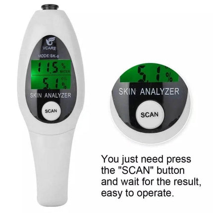 Compact Mini Portable LCD Skin Moisture and Oil Tester for Daily Skincare handheld device showing LCD moisture and oil readings and SCAN button