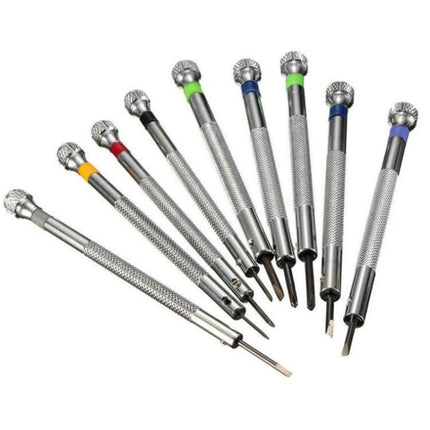 Watch Repair Screwdriver Set 9 In 1 For Watches And Glasses - compact 9 flat-head color-coded precision screwdrivers with rotating stand and spare blades