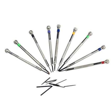 Watch Repair Screwdriver Set 9 In 1 For Watches And Glasses showing nine color-coded flat-head screwdrivers with spare blades and rotating stand