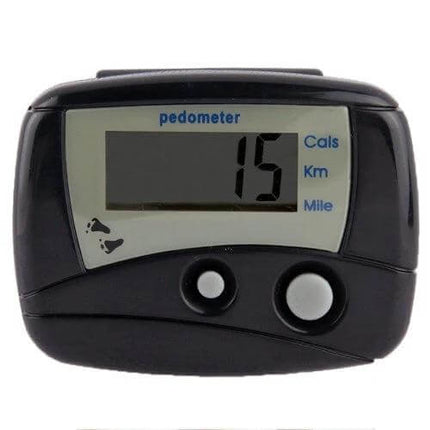 Pedometer Step Counter With Large Display For Daily Walking showing large LCD readout, clip-on black pedometer displaying 15 steps