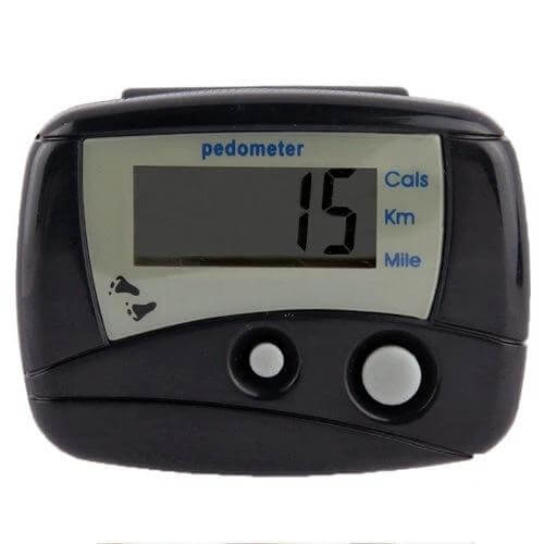 Pedometer Step Counter With Large Display For Daily Walking showing large LCD readout, clip-on black pedometer displaying 15 steps