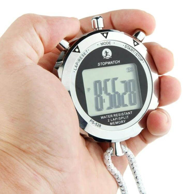 Metal Stopwatch With Strap For Sports Timing And Practice Sessions held in hand showing digital chronograph display and strap