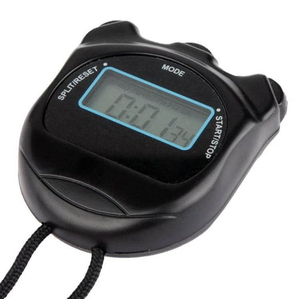 PS50 Stopwatch With Strap For Everyday Sports Timing - black digital chronograph with strap, clear LCD for interval training and lap timing