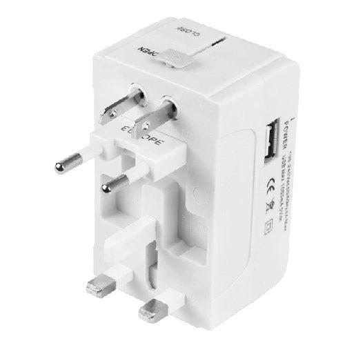 Universal Travel Adaptor with EU, UK, US, and AU Plugs for Global Use compact one-piece white adaptor showing EU UK US AU plugs and USB port