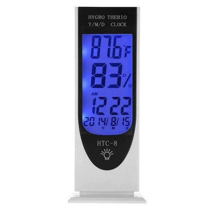 HTC-8 Digital Thermometer with Humidity and Night Light Display showing temperature 87°F, humidity 83%, time and date on blue backlit screen