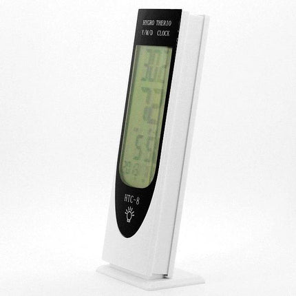 HTC-8 Digital Thermometer with Humidity and Night Light Display showing time, humidity and temperature on stand