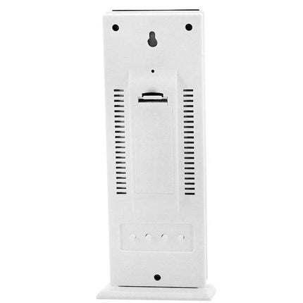 HTC-8 Digital Thermometer with Humidity and Night Light Display rear view showing vent slots, battery compartment and wall mount hook