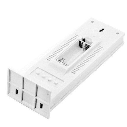 HTC-8 Digital Thermometer with Humidity and Night Light Display showing rear battery compartment and mounting slot on white housing