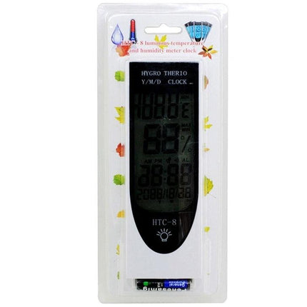 HTC-8 Digital Thermometer with Humidity and Night Light Display showing temperature humidity time date in white housing