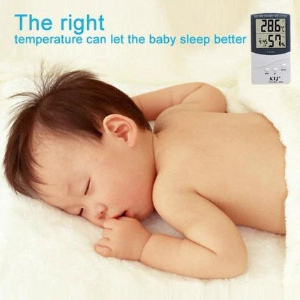 HTC-8 Digital Thermometer with Humidity and Night Light Display monitoring nursery temperature and humidity beside sleeping baby