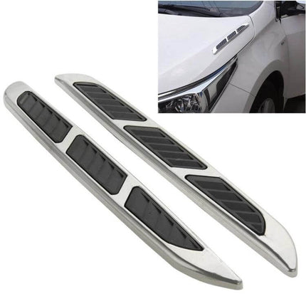 Set of Two Bonnet Air Flow Vent Fender Stickers for Car Decoration - shark grille chrome fender vents on white car, easy peel-and-stick set