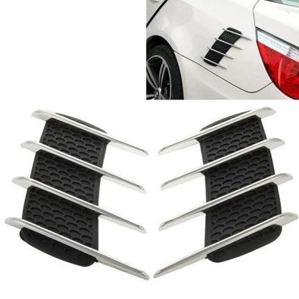 Decorative Shark Gill Air Flow Vent Stickers for Car, 2 Pack on white car fender showing black shark gill grille decals