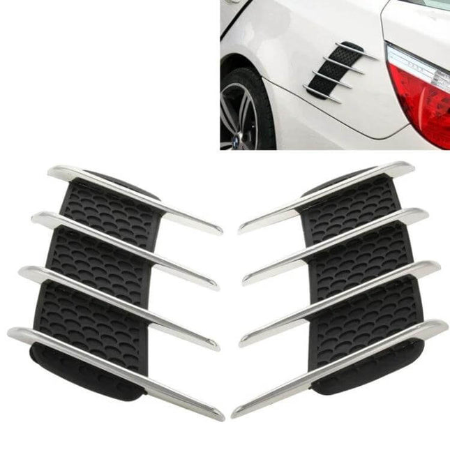 Decorative Shark Gill Air Flow Vent Stickers for Car, 2 Pack on white car fender showing black shark gill grille decals
