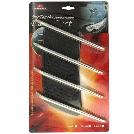 Decorative Shark Gill Air Flow Vent Stickers for Car, 2 Pack on retail card showing four silver grille strips and black textured backing