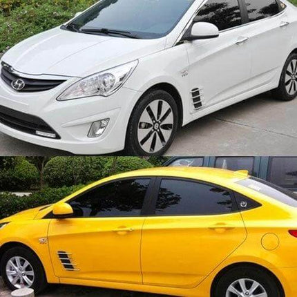 Decorative Shark Gill Air Flow Vent Stickers for Car, 2 Pack on white and yellow sedans showing shark gill grille decals