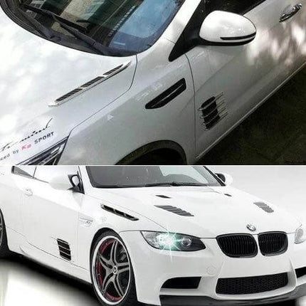 Decorative Shark Gill Air Flow Vent Stickers for Car, 2 Pack on white BMW fender and hood showing shark gill vent decals