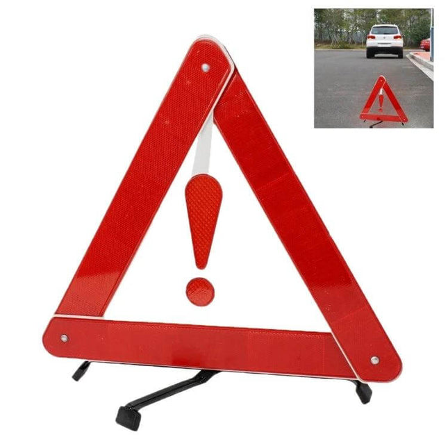 Foldable Reflective Safety Triangle for Roadside Warnings - red collapsible warning triangle with exclamation mark and foldable stand