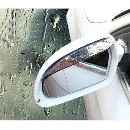 Durable Flexible Rain Shield for Car Rearview Mirrors, 2 Pack installed on white car mirror repelling rain droplets