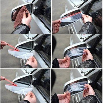 Durable Flexible Rain Shield for Car Rearview Mirrors, 2 Pack - clear protective shields being installed on a car side mirror to deflect rain