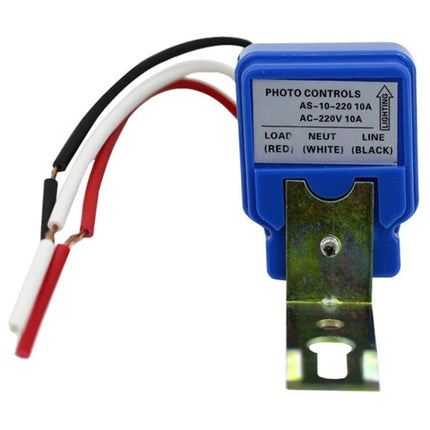 Automatic Waterproof Sensor Switch for Street Lights - blue photo control unit with red white black wires, metal mounting bracket