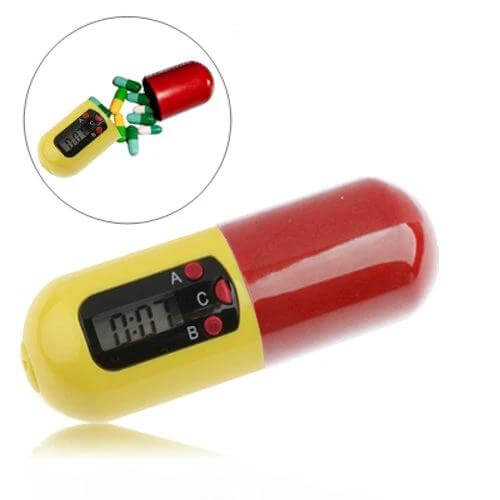 Portable Timer Pill Box Keychain Medicine Reminder small red-yellow pill-shaped timer with digital display and keychain for organizing pills