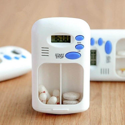 Smart Portable Pill Reminder Box With Multi Alarm Timer For Meds compact two-compartment timer with audible alarm and start/stop buttons