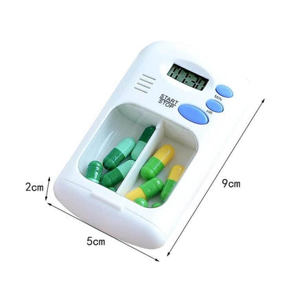 Smart Portable Pill Reminder Box With Multi Alarm Timer For Meds compact white 2-compartment pill organizer with digital timer and audible alarm