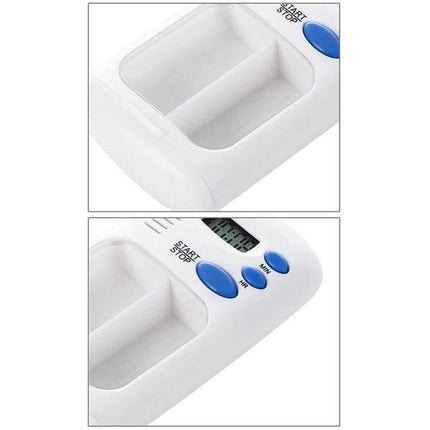 Smart Portable Pill Reminder Box With Multi Alarm Timer For Meds compact white two-compartment pill organizer with digital timer and blue buttons