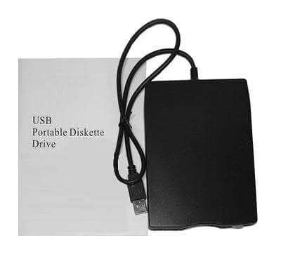 USB 3.5-Inch External Floppy Drive for Legacy Data Access black external USB floppy drive with cable next to a floppy disk sleeve