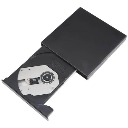 Portable USB Optical Drive for CDs and DVDs Playback slim black external USB drive with open tray showing CD mechanism