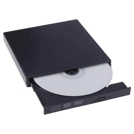 Slim Portable USB Optical Drive for DVD and CD Burning — slim black external USB DVD/CD burner with tray open and disc inserted