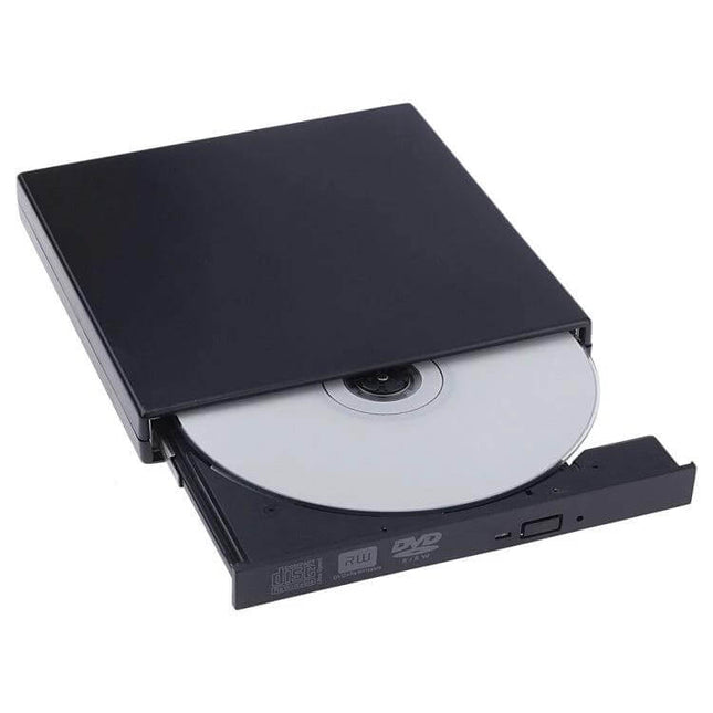 Slim Portable USB Optical Drive for DVD and CD Burning — slim black external USB DVD/CD burner with tray open and disc inserted