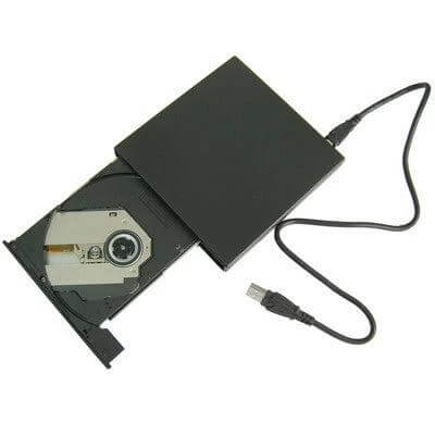 Slim Portable USB Optical Drive for DVD and CD Burning slim black external USB CD DVD writer with tray open and USB cable