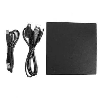 Slim Portable USB Optical Drive for DVD and CD Burning — slim black external USB DVD CD burner with USB cable and power cord