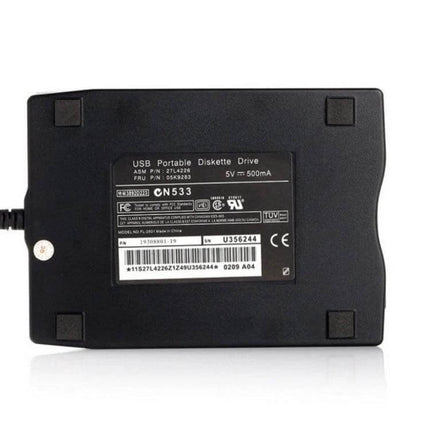 Portable USB External Floppy Disk Drive for 3.5 Inch Disks - black external USB floppy drive shown from underside with label and USB cable
