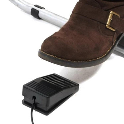 USB Foot Pedal Switch for Computer Keyboard and Game Control under brown boot showing hands-free gaming and accessibility control