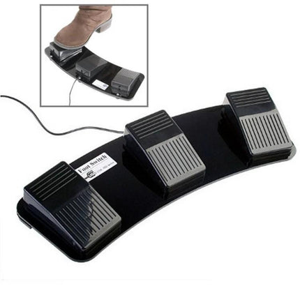 Triple Action USB Foot Switch for Hands-Free PC Control - black three-pedal wired foot switch used for gaming, video production, and accessibility