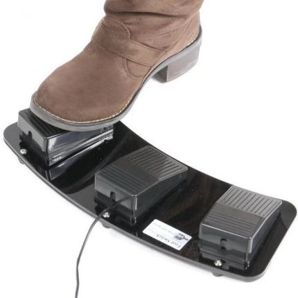 Triple Action USB Foot Switch for Hands-Free PC Control - brown boot pressing one of three programmable pedals on black USB footswitch